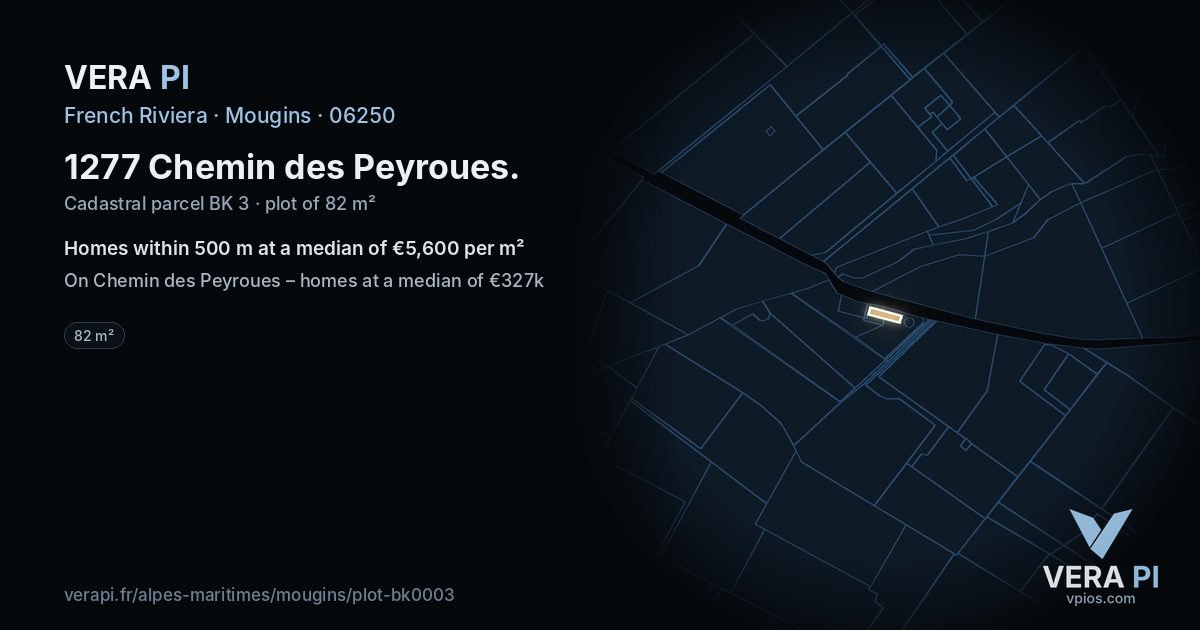1277 Chemin des Peyroues, Mougins at night – the plot lit, the parcels around coloured by the prices near them