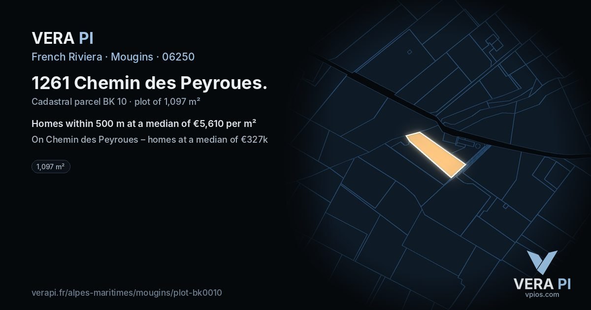 1261 Chemin des Peyroues, Mougins at night – the plot lit, the parcels around coloured by the prices near them