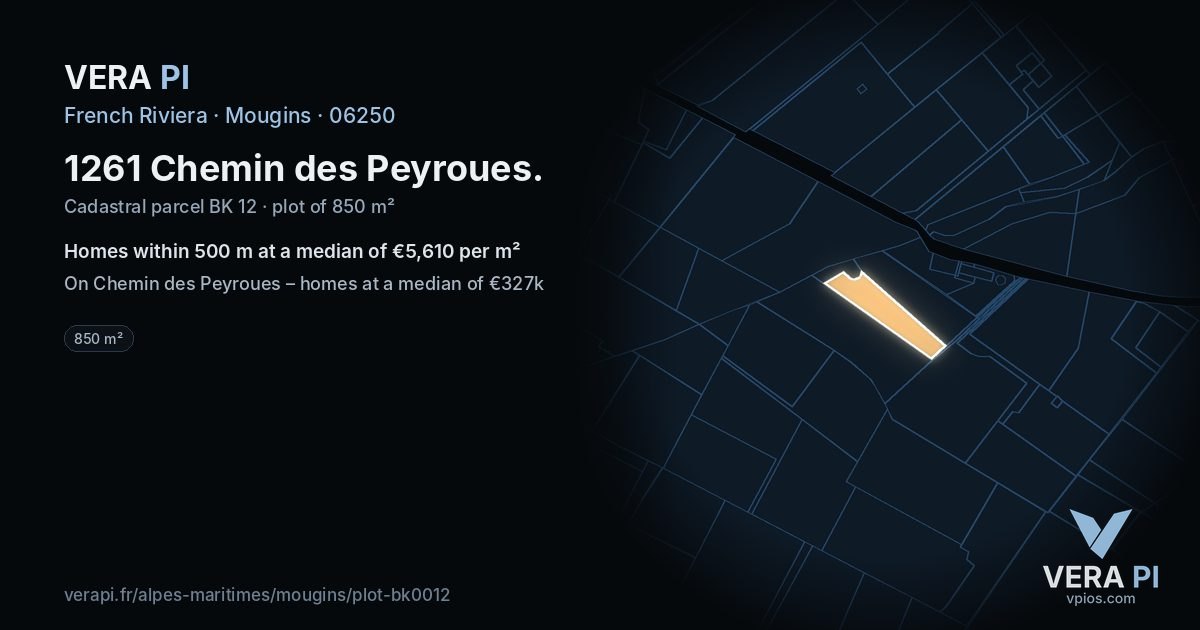 1261 Chemin des Peyroues, Mougins at night – the plot lit, the parcels around coloured by the prices near them