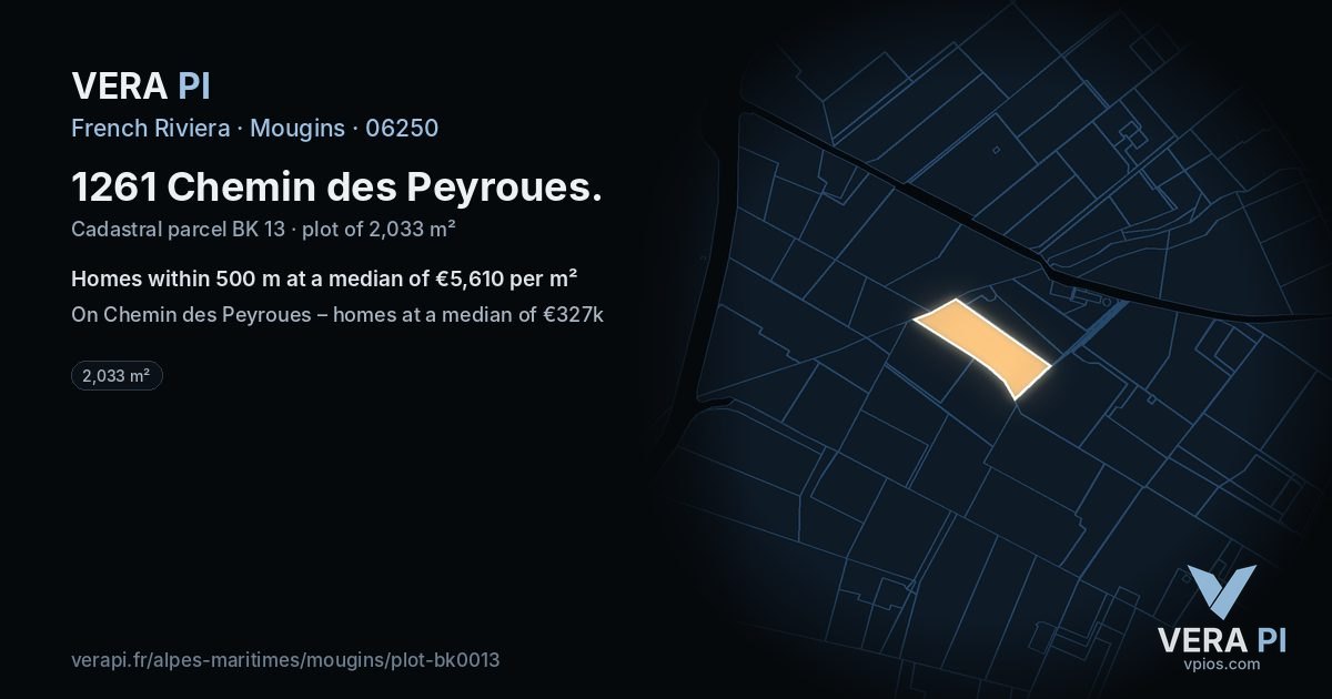 1261 Chemin des Peyroues, Mougins at night – the plot lit, the parcels around coloured by the prices near them