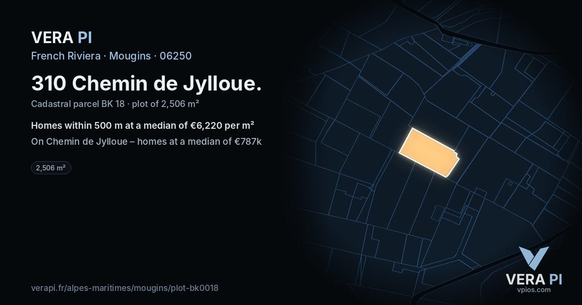 310 Chemin de Jylloue, Mougins at night – the plot lit, the parcels around coloured by the prices near them
