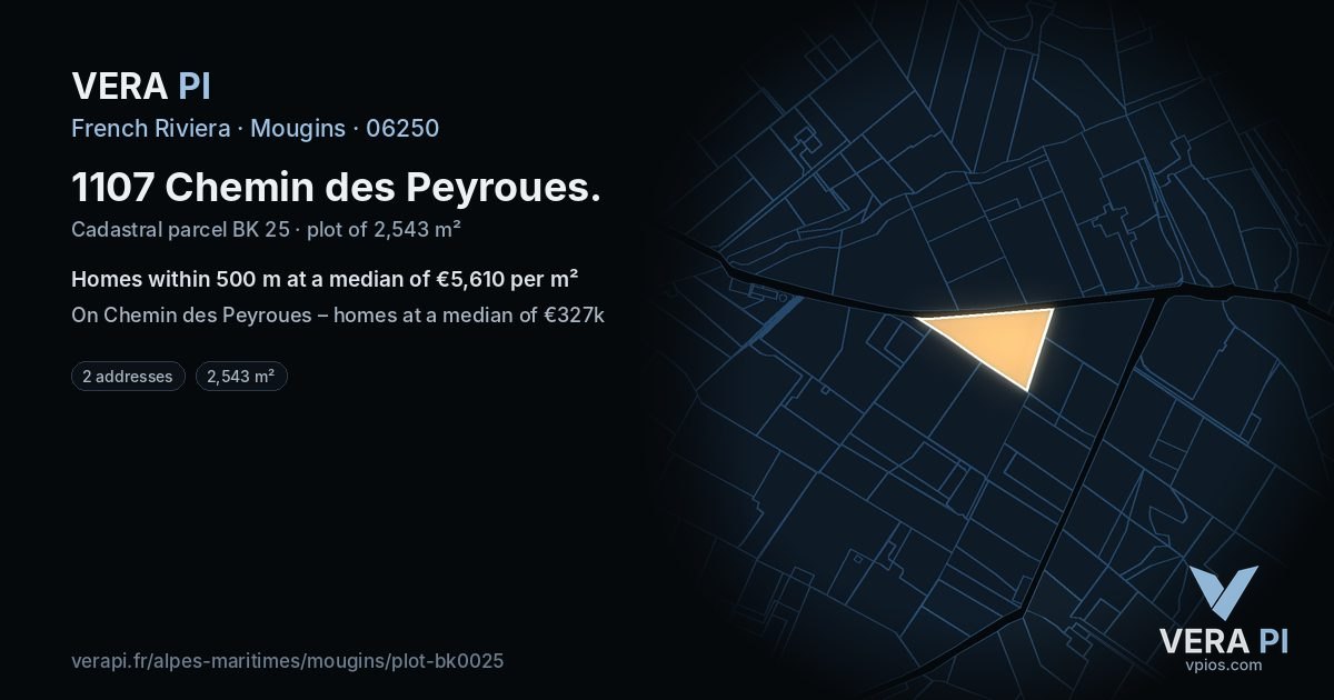 1107 Chemin des Peyroues, Mougins at night – the plot lit, the parcels around coloured by the prices near them