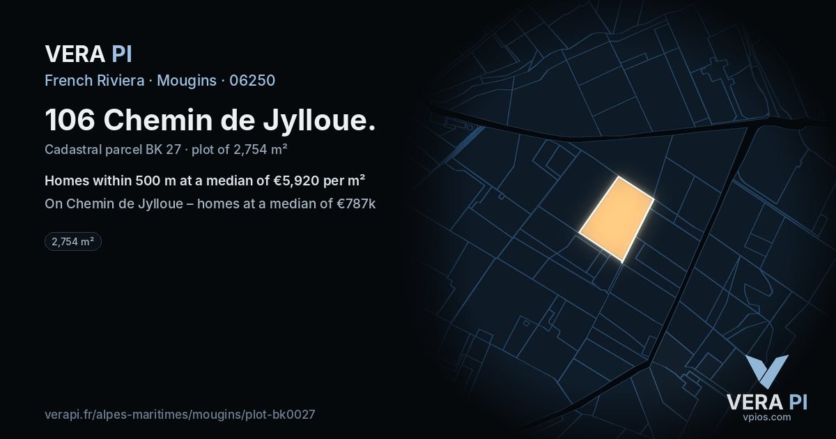 106 Chemin de Jylloue, Mougins at night – the plot lit, the parcels around coloured by the prices near them