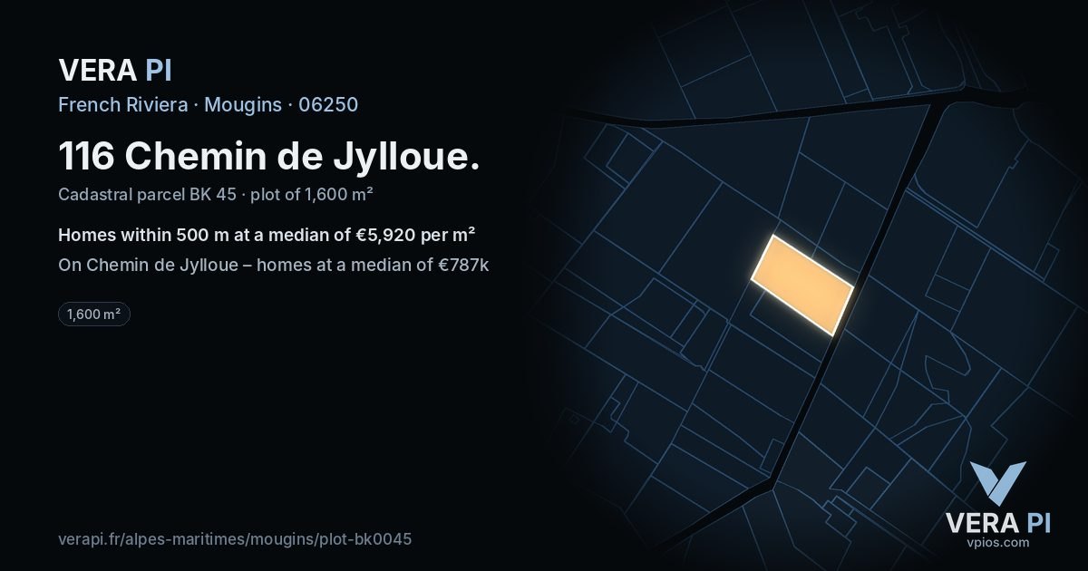 116 Chemin de Jylloue, Mougins at night – the plot lit, the parcels around coloured by the prices near them