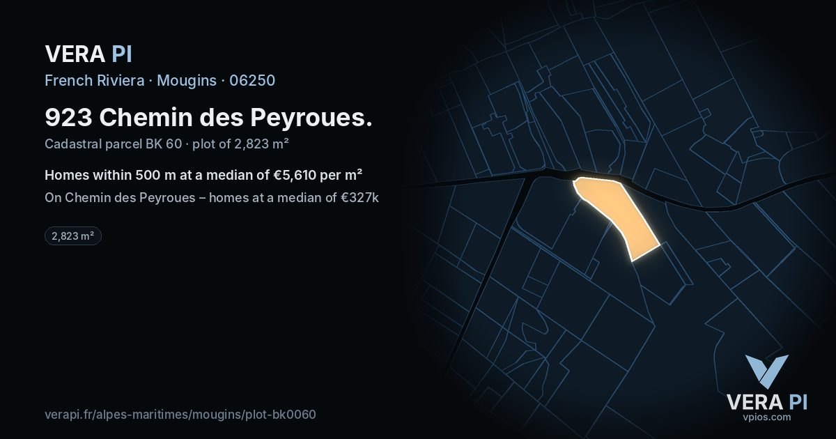 923 Chemin des Peyroues, Mougins at night – the plot lit, the parcels around coloured by the prices near them