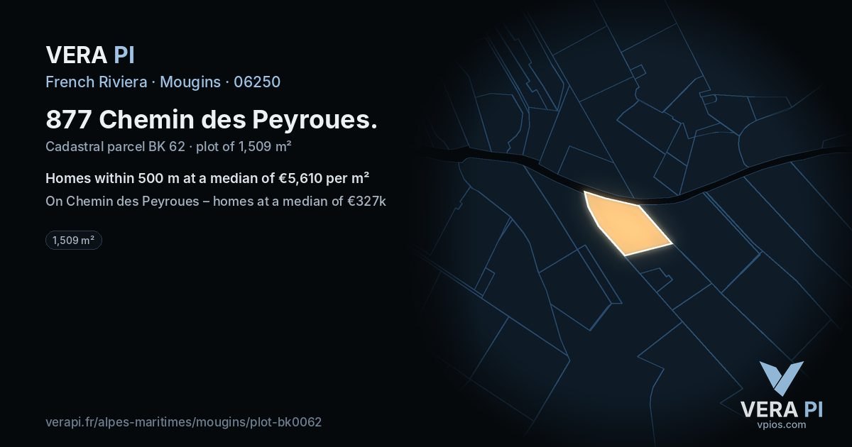 877 Chemin des Peyroues, Mougins at night – the plot lit, the parcels around coloured by the prices near them