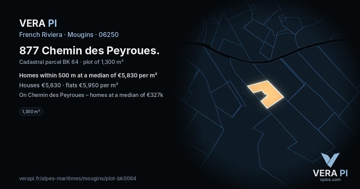 877 Chemin des Peyroues, Mougins at night – the plot lit, the parcels around coloured by the prices near them