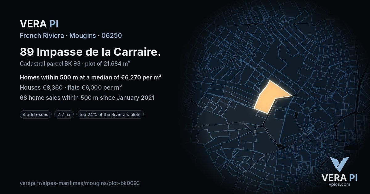 89 Impasse de la Carraire, Mougins at night – the plot lit, the parcels around coloured by the prices near them