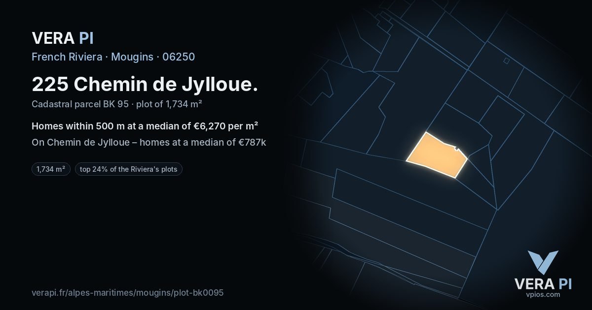 225 Chemin de Jylloue, Mougins at night – the plot lit, the parcels around coloured by the prices near them