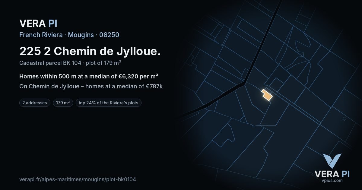 225 2 Chemin de Jylloue, Mougins at night – the plot lit, the parcels around coloured by the prices near them
