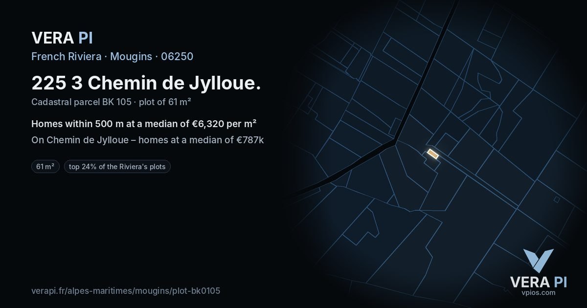 225 3 Chemin de Jylloue, Mougins at night – the plot lit, the parcels around coloured by the prices near them