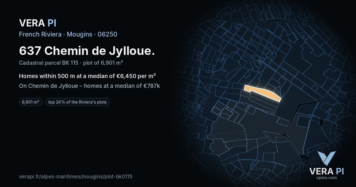 637 Chemin de Jylloue, Mougins at night – the plot lit, the parcels around coloured by the prices near them