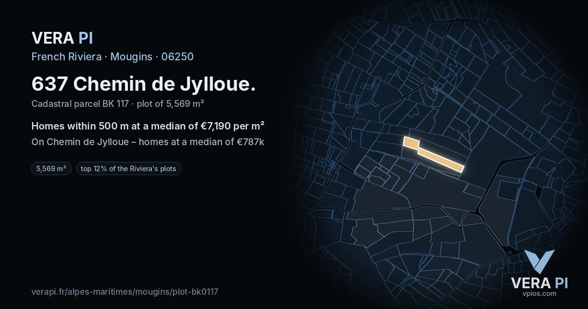 637 Chemin de Jylloue, Mougins at night – the plot lit, the parcels around coloured by the prices near them