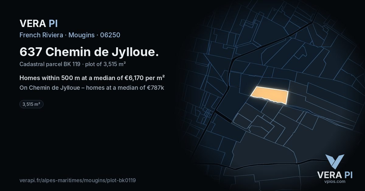 637 Chemin de Jylloue, Mougins at night – the plot lit, the parcels around coloured by the prices near them