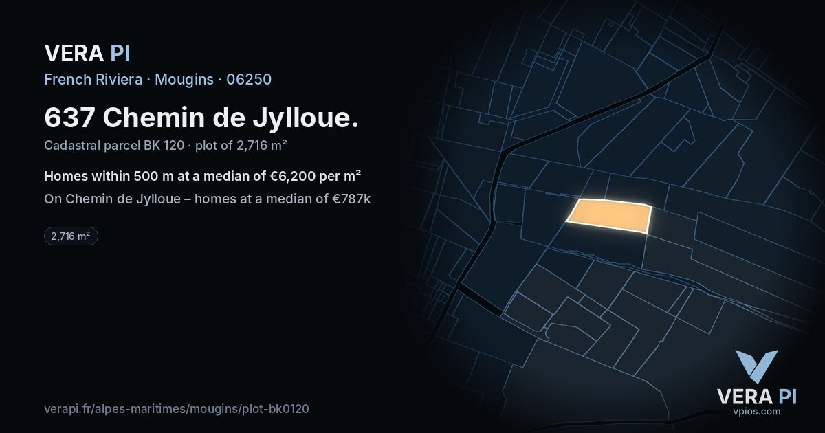 637 Chemin de Jylloue, Mougins at night – the plot lit, the parcels around coloured by the prices near them