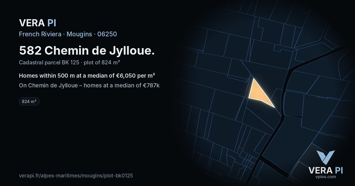 582 Chemin de Jylloue, Mougins at night – the plot lit, the parcels around coloured by the prices near them