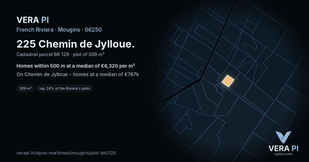 225 Chemin de Jylloue, Mougins at night – the plot lit, the parcels around coloured by the prices near them