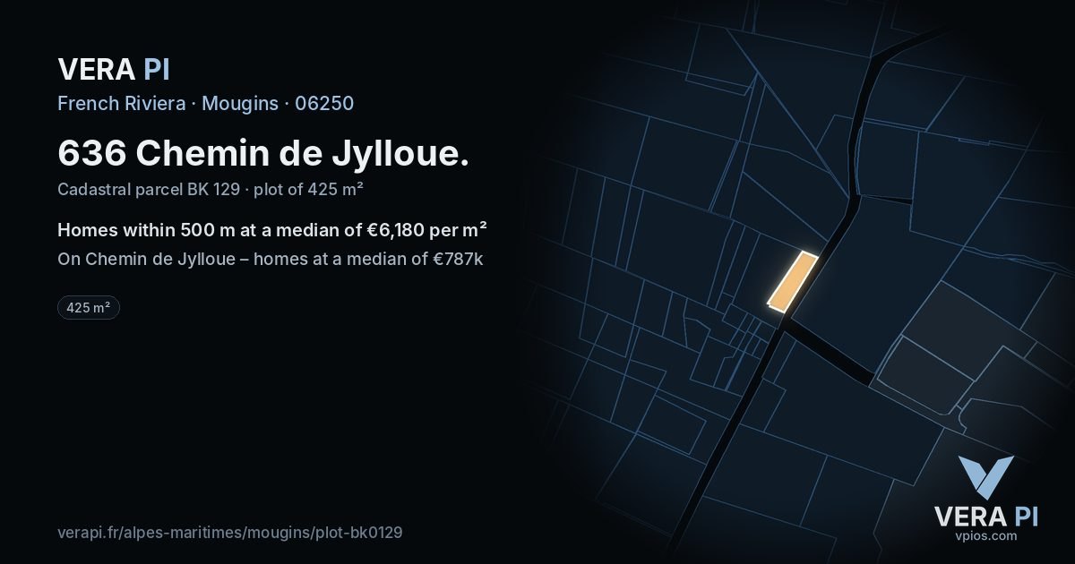 636 Chemin de Jylloue, Mougins at night – the plot lit, the parcels around coloured by the prices near them