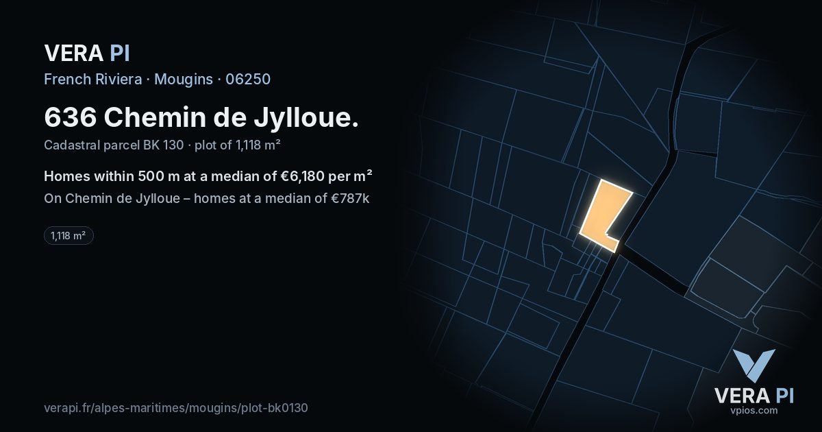 636 Chemin de Jylloue, Mougins at night – the plot lit, the parcels around coloured by the prices near them