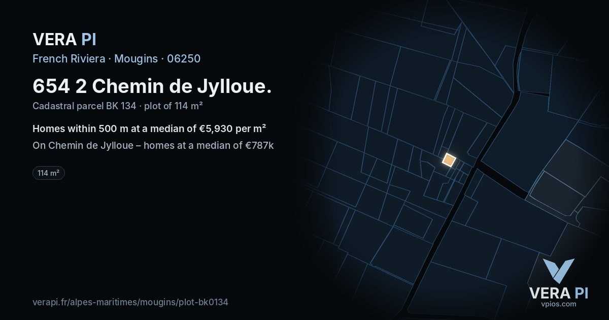 654 2 Chemin de Jylloue, Mougins at night – the plot lit, the parcels around coloured by the prices near them