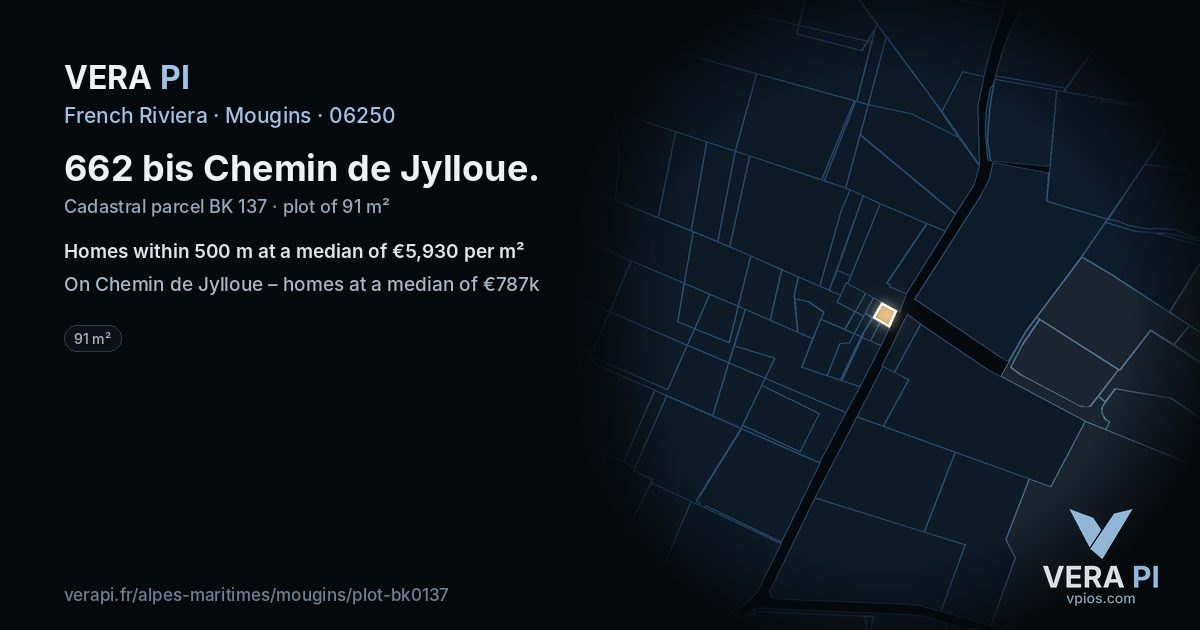 662 bis Chemin de Jylloue, Mougins at night – the plot lit, the parcels around coloured by the prices near them