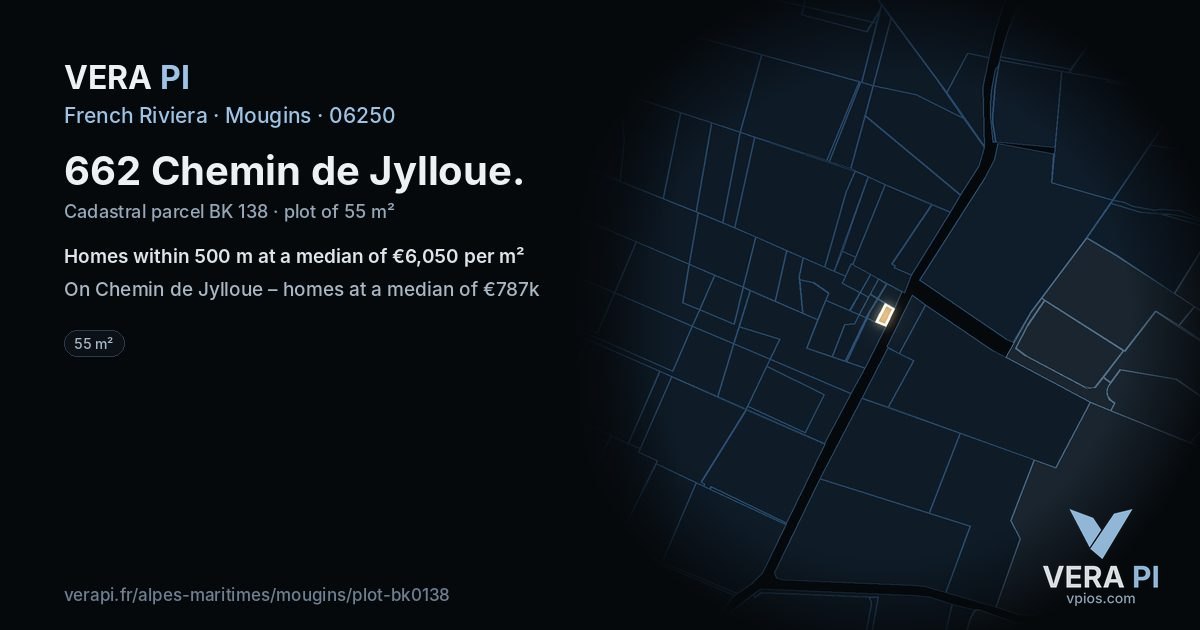 662 Chemin de Jylloue, Mougins at night – the plot lit, the parcels around coloured by the prices near them