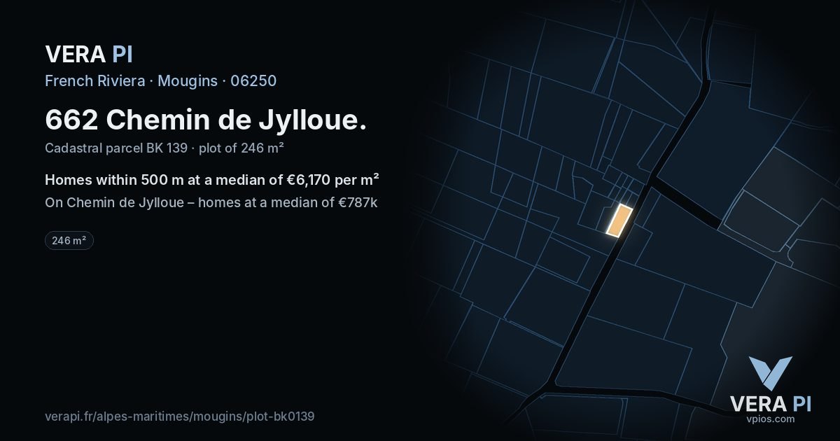 662 Chemin de Jylloue, Mougins at night – the plot lit, the parcels around coloured by the prices near them