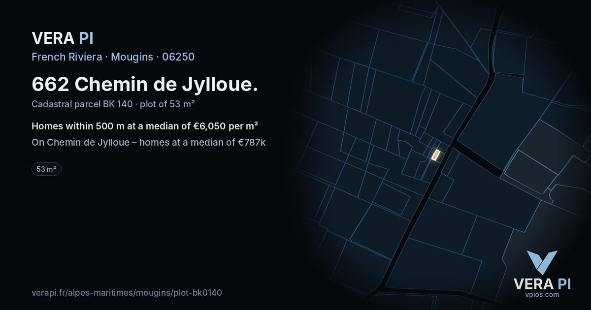 662 Chemin de Jylloue, Mougins at night – the plot lit, the parcels around coloured by the prices near them