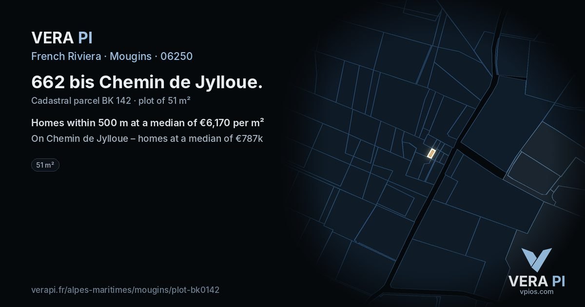 662 bis Chemin de Jylloue, Mougins at night – the plot lit, the parcels around coloured by the prices near them