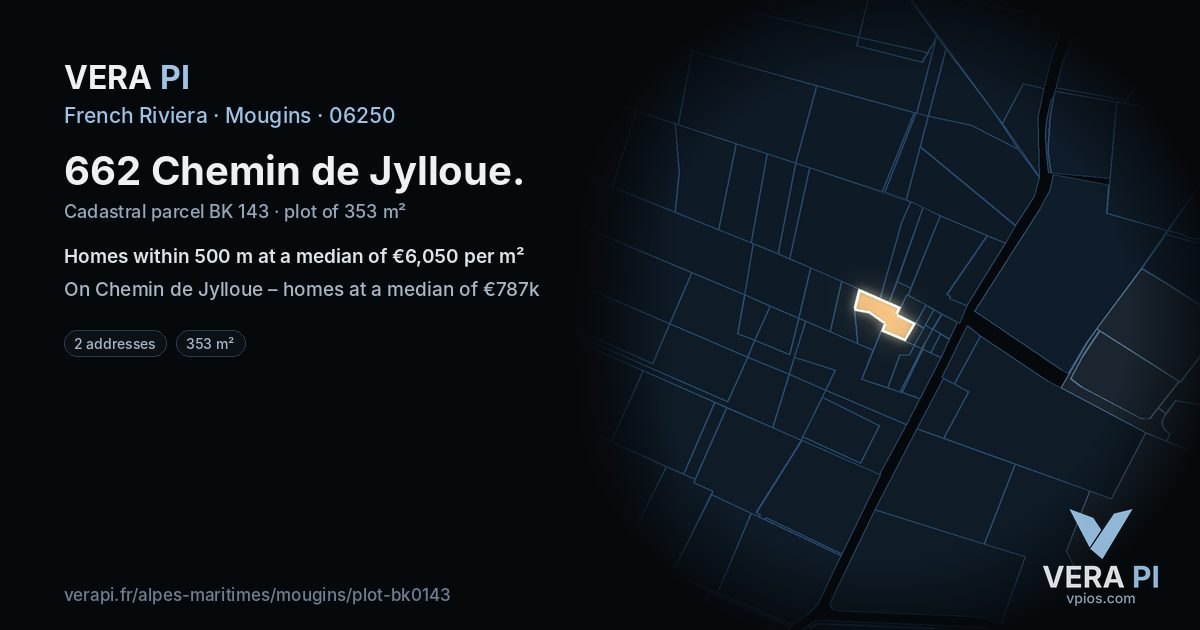 662 Chemin de Jylloue, Mougins at night – the plot lit, the parcels around coloured by the prices near them