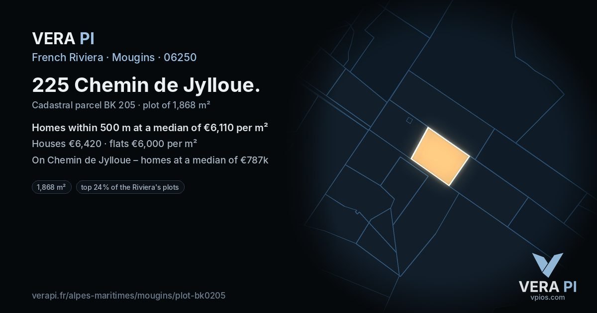 225 Chemin de Jylloue, Mougins at night – the plot lit, the parcels around coloured by the prices near them