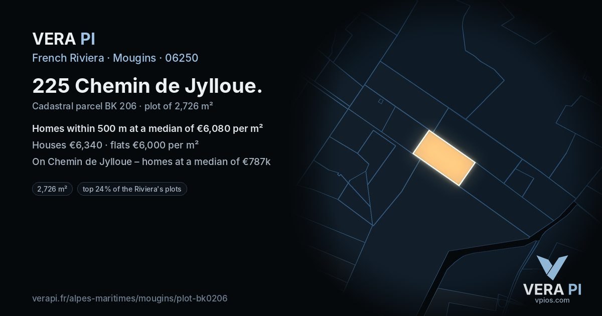 225 Chemin de Jylloue, Mougins at night – the plot lit, the parcels around coloured by the prices near them