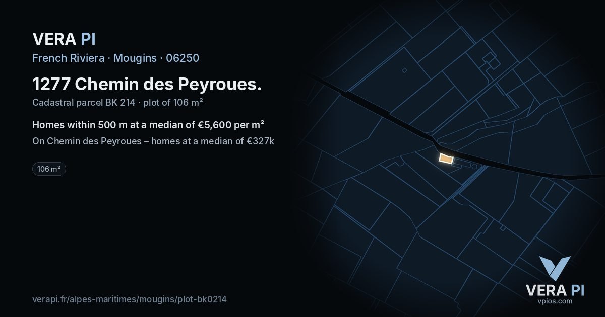 1277 Chemin des Peyroues, Mougins at night – the plot lit, the parcels around coloured by the prices near them