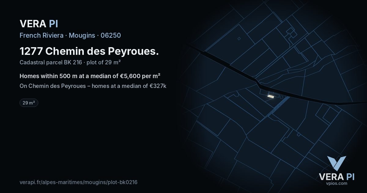 1277 Chemin des Peyroues, Mougins at night – the plot lit, the parcels around coloured by the prices near them