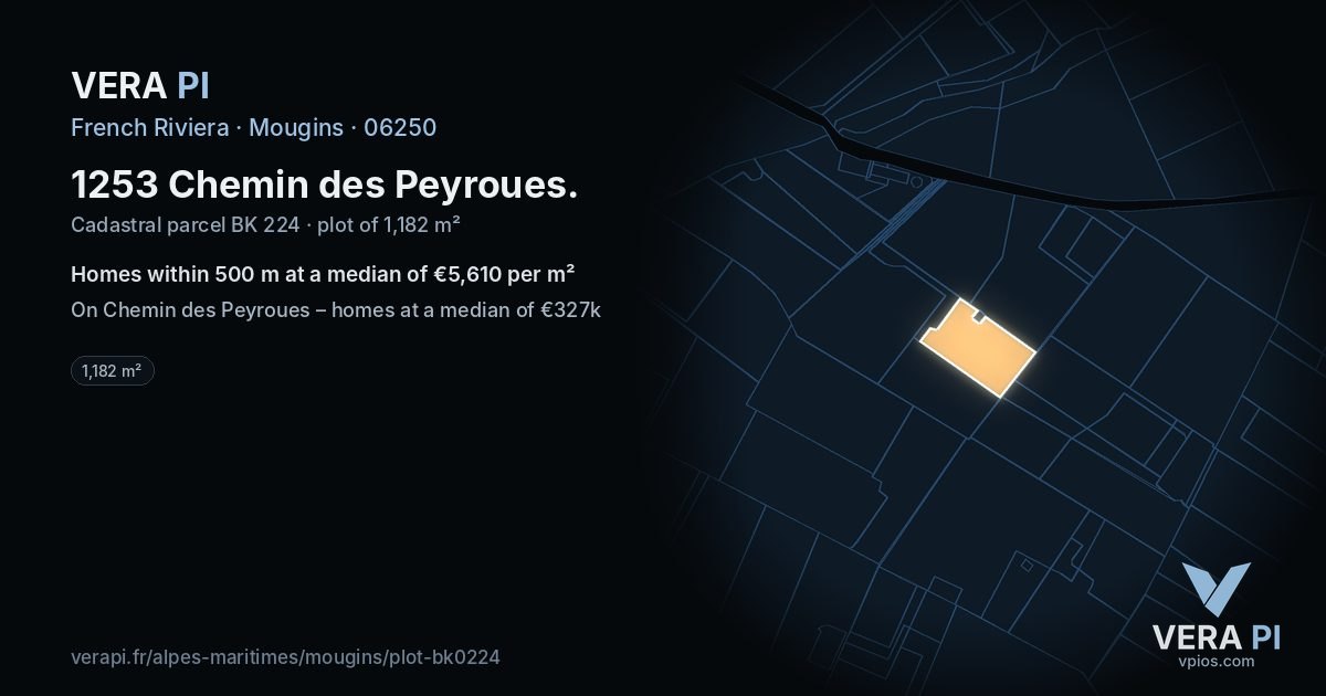 1253 Chemin des Peyroues, Mougins at night – the plot lit, the parcels around coloured by the prices near them