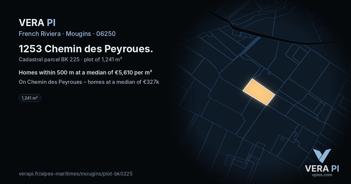 1253 Chemin des Peyroues, Mougins at night – the plot lit, the parcels around coloured by the prices near them
