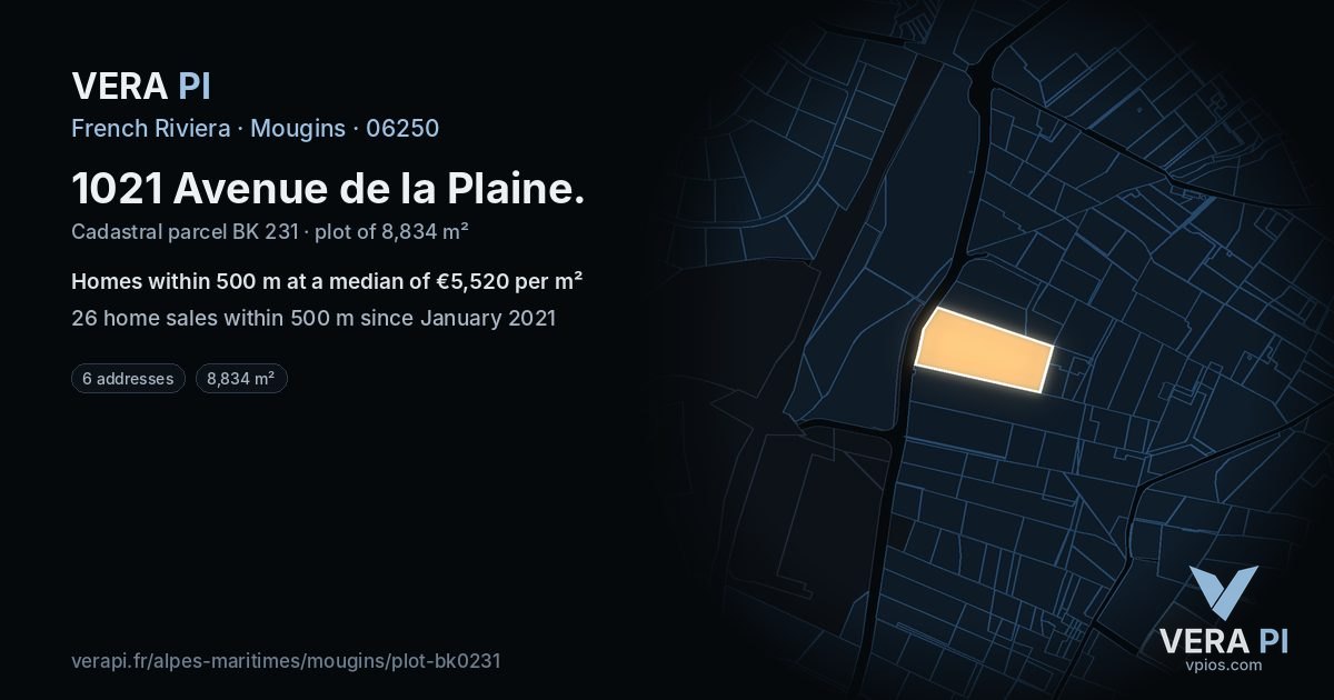 1021 Avenue de la Plaine, Mougins at night – the plot lit, the parcels around coloured by the prices near them