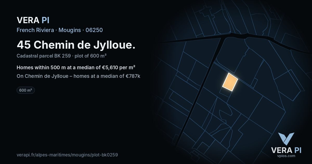 45 Chemin de Jylloue, Mougins at night – the plot lit, the parcels around coloured by the prices near them