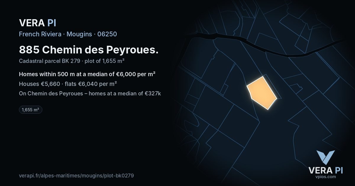 885 Chemin des Peyroues, Mougins at night – the plot lit, the parcels around coloured by the prices near them