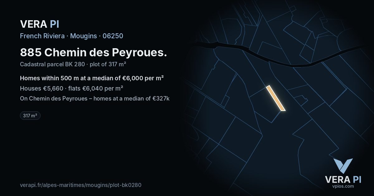 885 Chemin des Peyroues, Mougins at night – the plot lit, the parcels around coloured by the prices near them