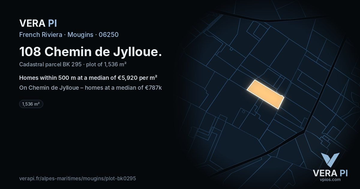 108 Chemin de Jylloue, Mougins at night – the plot lit, the parcels around coloured by the prices near them