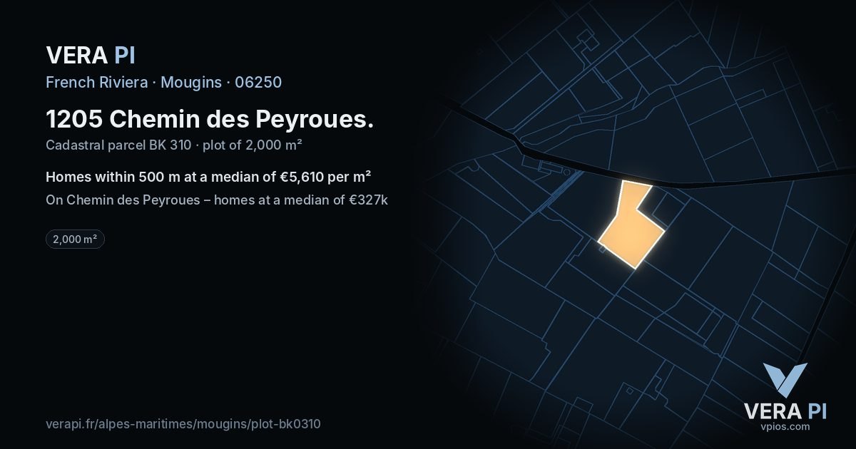 1205 Chemin des Peyroues, Mougins at night – the plot lit, the parcels around coloured by the prices near them