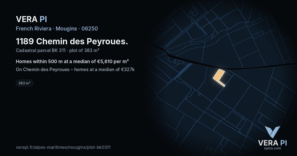 1189 Chemin des Peyroues, Mougins at night – the plot lit, the parcels around coloured by the prices near them