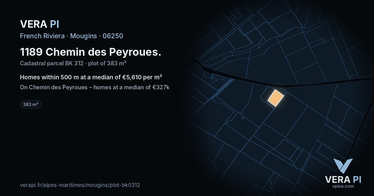 1189 Chemin des Peyroues, Mougins at night – the plot lit, the parcels around coloured by the prices near them