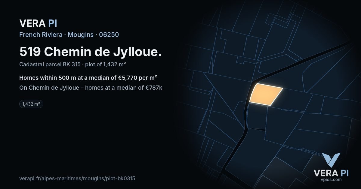 519 Chemin de Jylloue, Mougins at night – the plot lit, the parcels around coloured by the prices near them