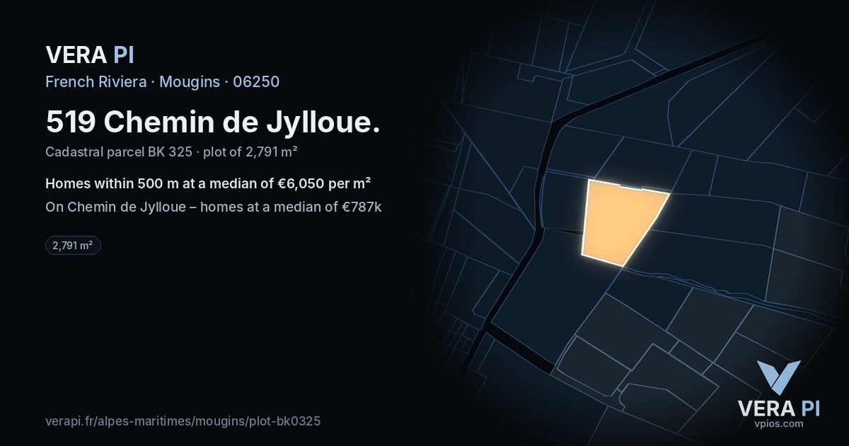 519 Chemin de Jylloue, Mougins at night – the plot lit, the parcels around coloured by the prices near them