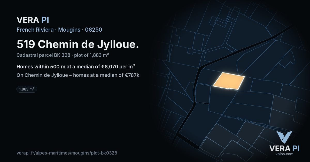 519 Chemin de Jylloue, Mougins at night – the plot lit, the parcels around coloured by the prices near them