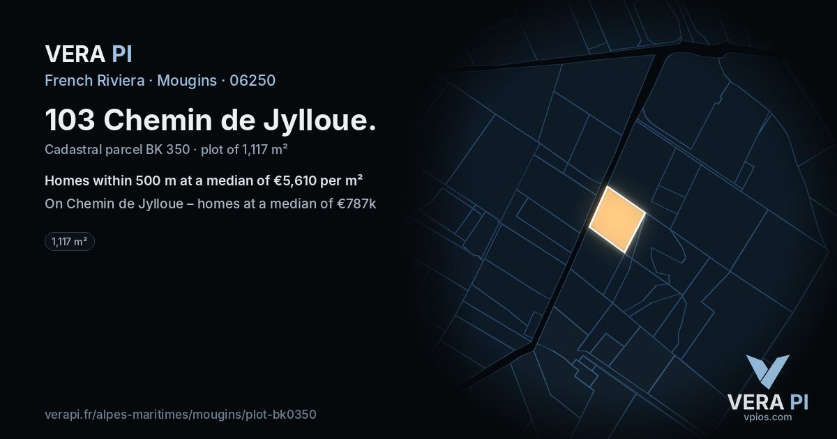 103 Chemin de Jylloue, Mougins at night – the plot lit, the parcels around coloured by the prices near them