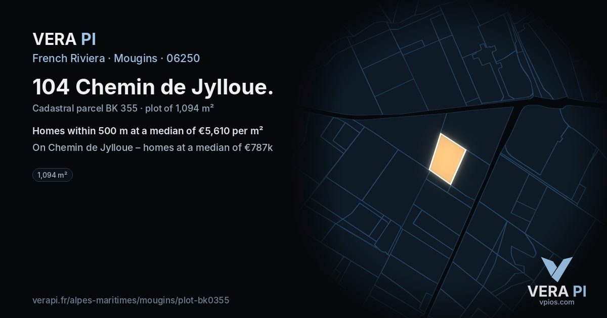 104 Chemin de Jylloue, Mougins at night – the plot lit, the parcels around coloured by the prices near them