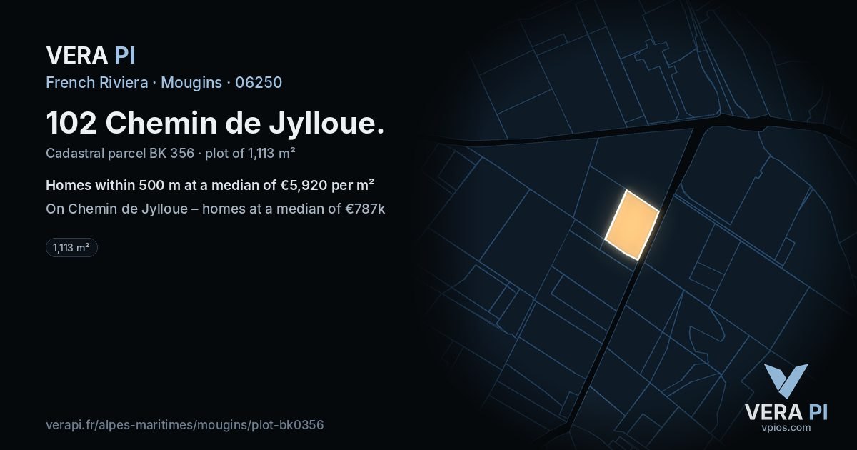 102 Chemin de Jylloue, Mougins at night – the plot lit, the parcels around coloured by the prices near them